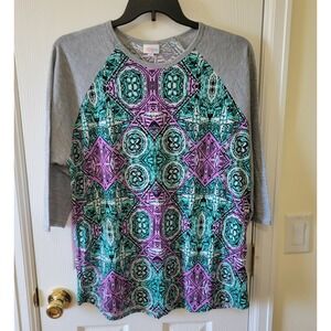 LuLaRoe Raglan Top Women's 3X Purple Green Print 3/4 Sleeves Geometric